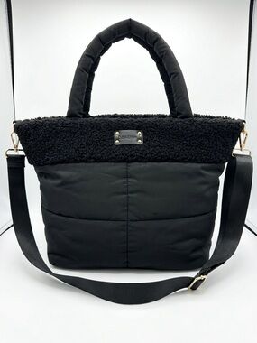 Bearpaw Black Quilted Puffer Tote Bag with Cozy Faux-Shearling Trim